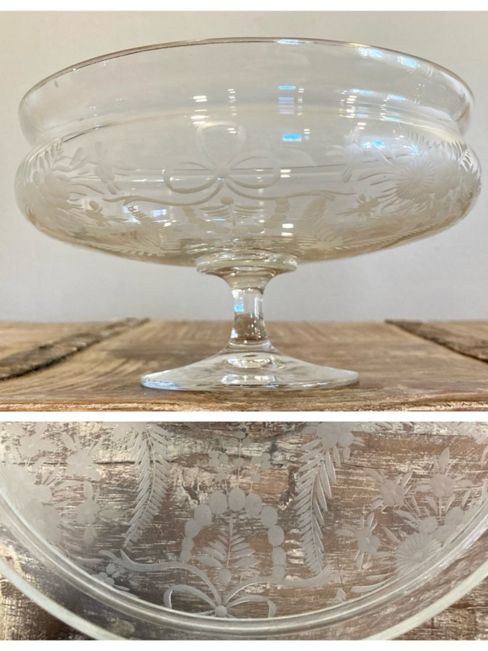 Etched Glass Compote Dish – Floral & Bow Design – 6” Wide Pedestal Bowl